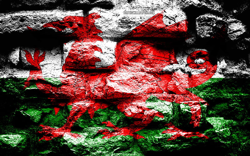 Wales flag, grunge brick texture, Flag of Wales, flag on brick wall, Wales, Europe, flags of european countries, HD wallpaper