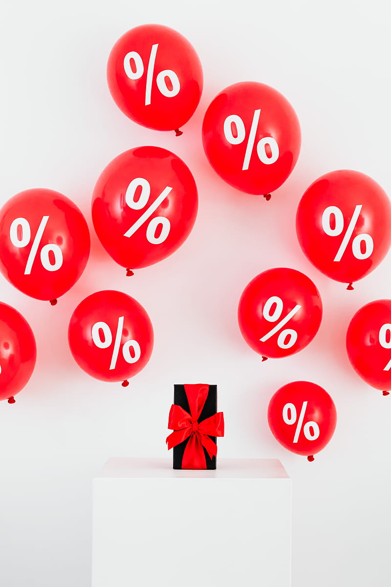 A Gift With Red Ribbon in Between Red Balloons With Percentage Symbols on a White Background, HD phone wallpaper