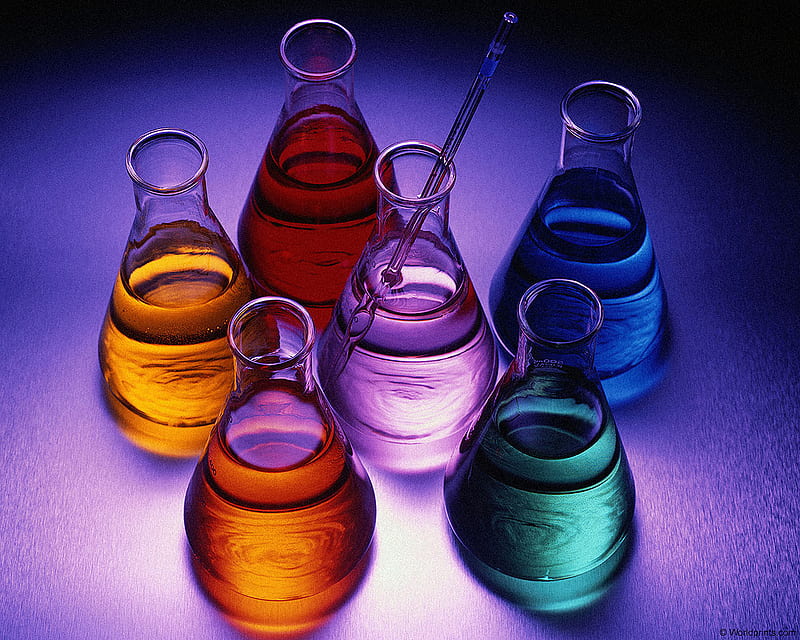 COLORFUL CHEMISTRY, glass, color, bottles, liquid, HD wallpaper