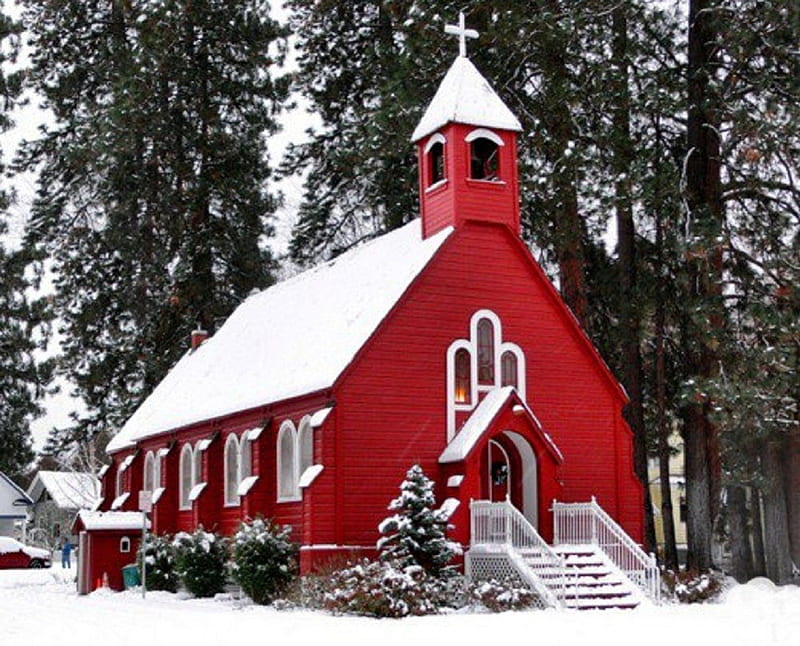 Quaint Country Chapel, architecture, red, snow, chapel, country, winter, HD wallpaper