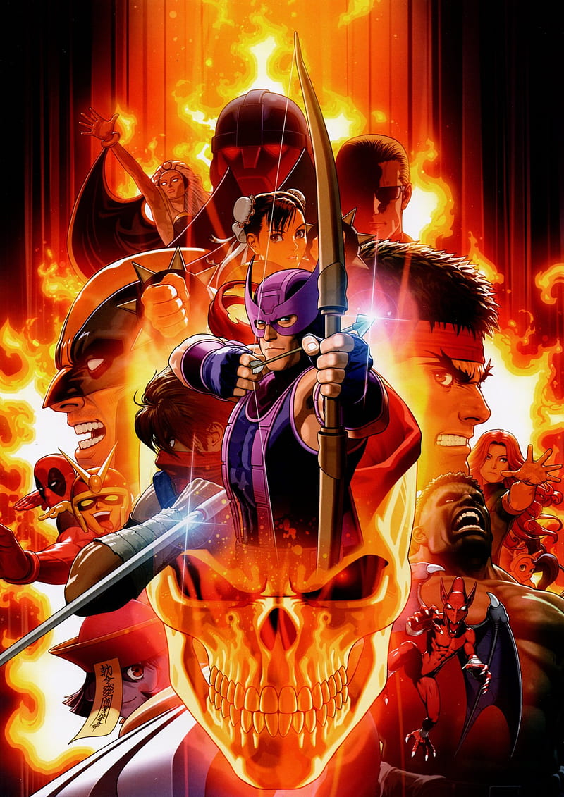 U Marvel vs Capcom 3, ryu, wolverine, hawkeye, ghost rider, hsien-ko, wesker, firebrand, chun-li, sentinel, shinkiro, HD phone wallpaper