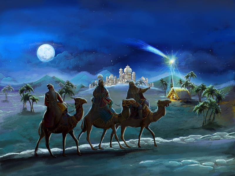 Night, Moon, Desert, Christmas, Holiday, Star, Palace, Camel, The Three Wise Men, HD wallpaper
