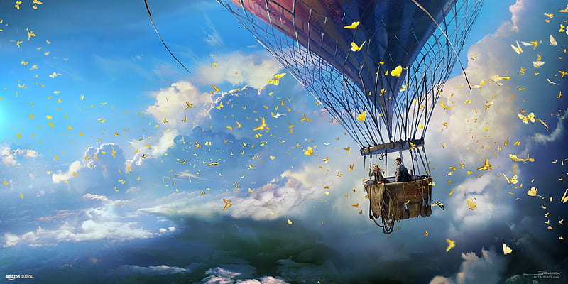 The aeronauts ~ Butterfly encounter, luminos, hot air balloon, butterfly, couple, blue, art, frumusete, cloud, patrick jensen, sky, fantasy, HD wallpaper