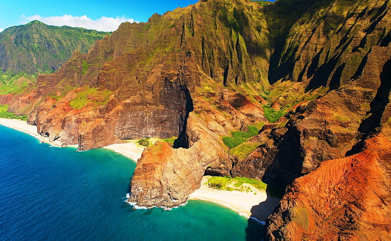 Cathedral Beach, Kauai, white sand, bonito, beach, cliffs, paradise, mountains, summer, Pacific Ocean, Hawaii Islands, Na Pali Coast, Honopu Valley, HD wallpaper