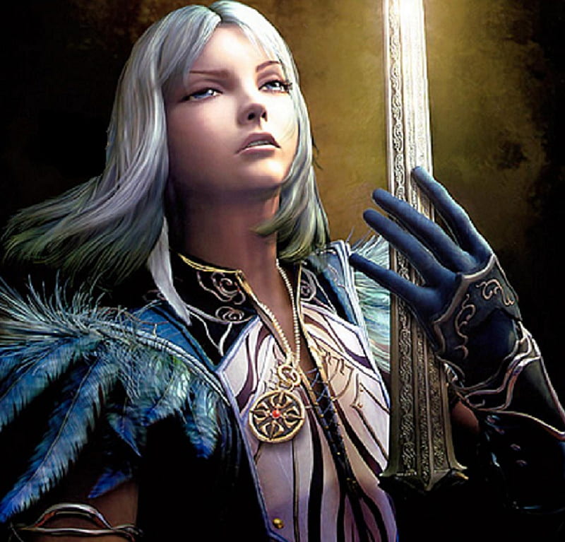 Taking the Oath, fantasy, female, warrior, blonde, sword, blue, HD wallpaper