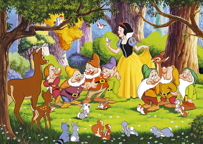 Snow White, forest, luminos, movie, animal, fantasy, girl, princess, dwarf, disney, HD wallpaper