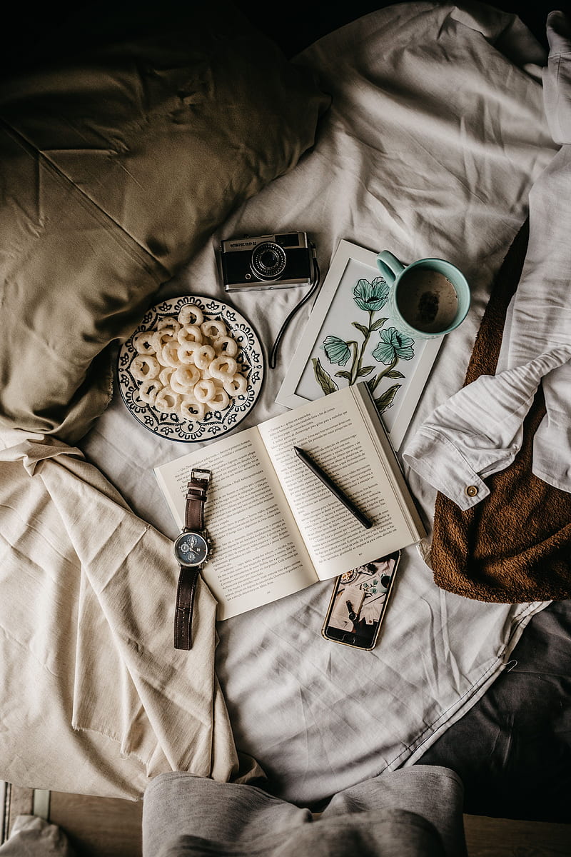 camera, book, food, mug, bed, breakfast, mood, HD phone wallpaper