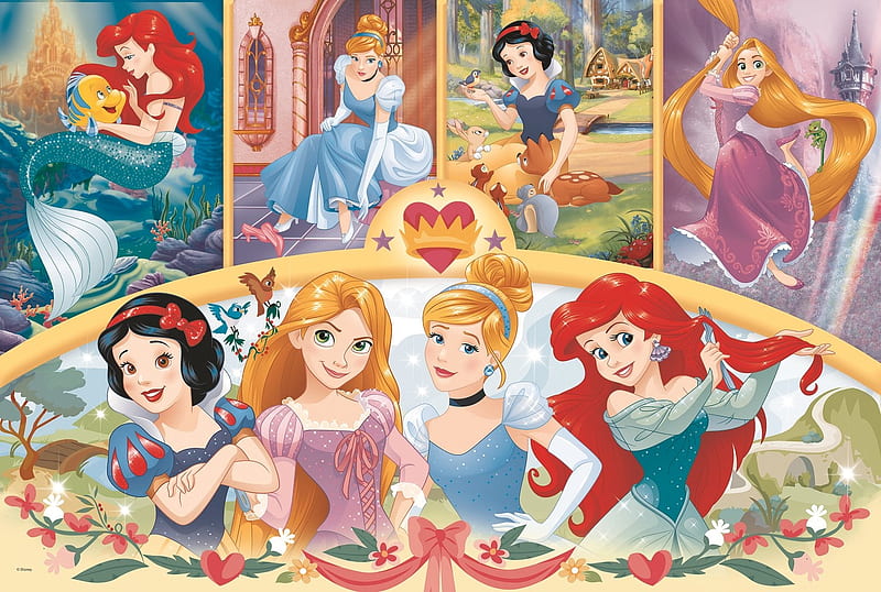 Disney princesses, rapunzel, fantasy, girl, ariel, aurora, cinderella, princess, disney, snow white, HD wallpaper