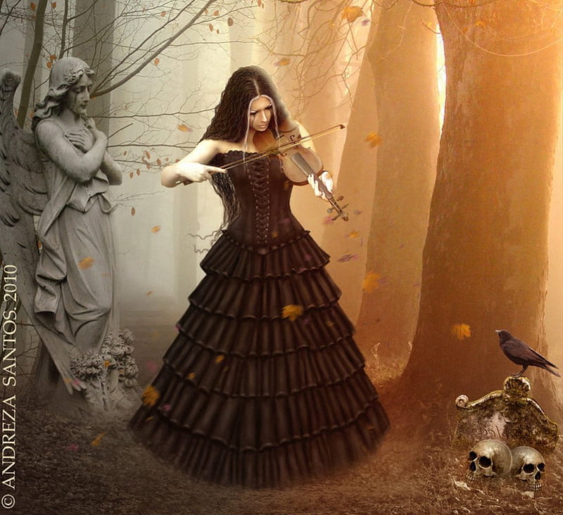 A Melody for Death, fantasy, violin, lady, melody, HD wallpaper