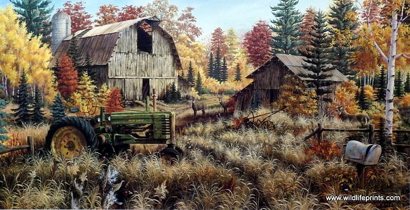 Deer Valley, painting, autumn, barn, deer, antique tractor, HD wallpaper
