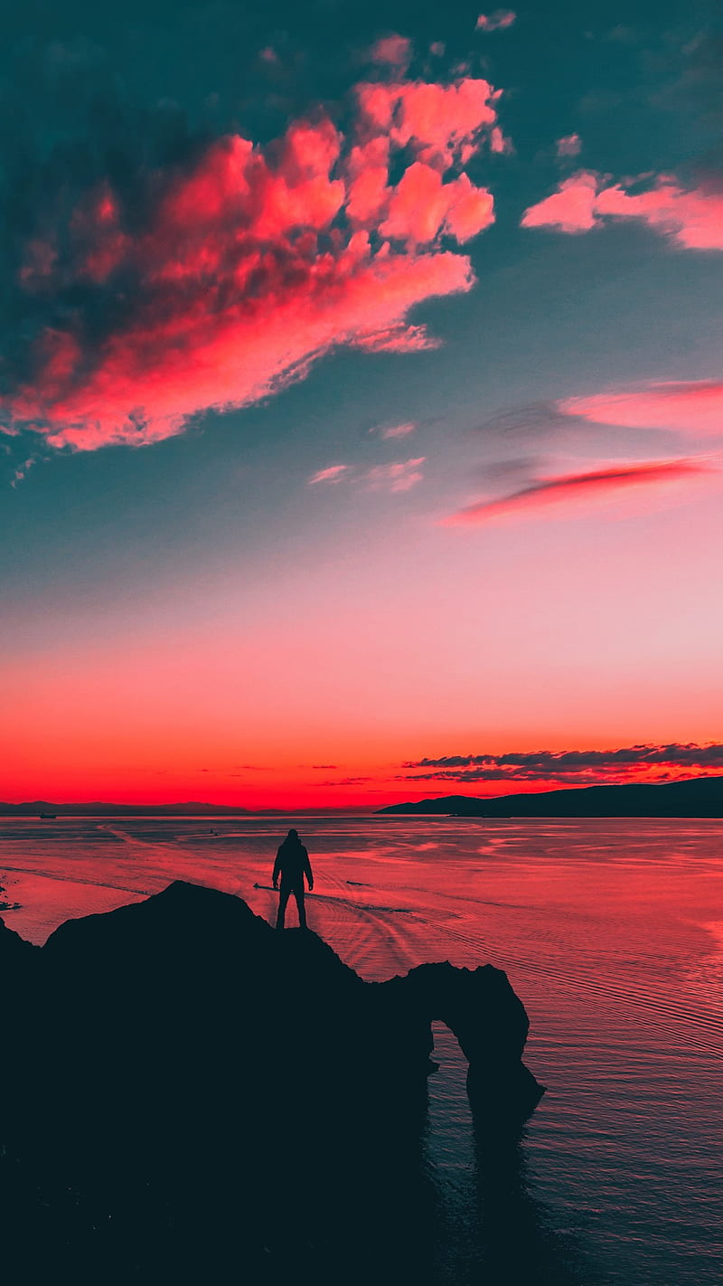 Sunset Silhouette, alone, feeling, nature, people, sea, sky, HD phone wallpaper