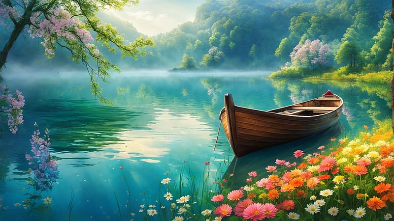 Wooden boat floating on a lake, csonak, termeszet, viragok, zold es kek szinvilag, szines, fahajo, szines viragok, HD wallpaper