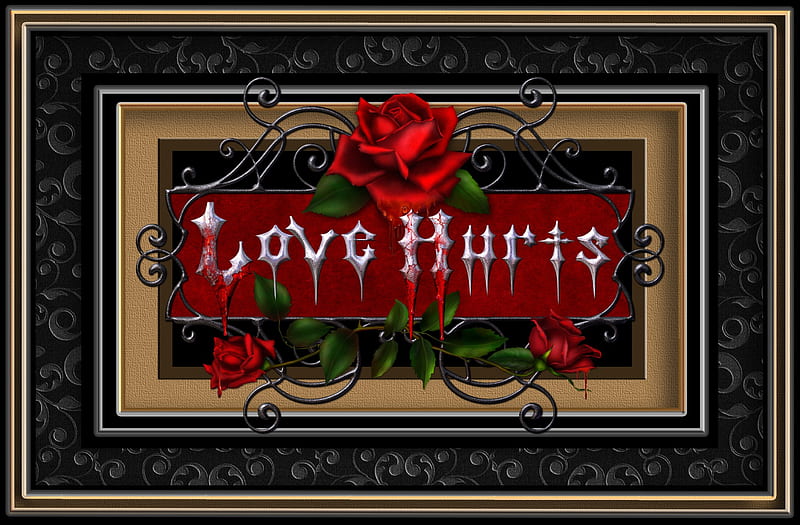✫LOVE HURTS✫, red roses, bloody, word of arts, conceptual, love four seasons, typography, attractions in dreams, roses, digital art, abstract, love hurts, werid things people wear, 3D and CG, gothic, flowers, png frames, HD wallpaper