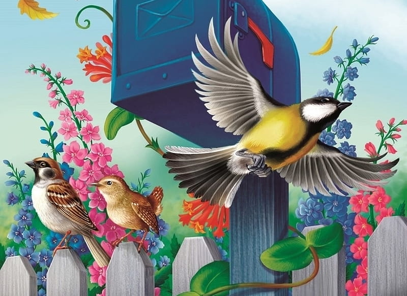 Birds, bird, painting, pasari, pitigoi, pictura, blue tit, fence, art, wings, yellow, blue, HD wallpaper