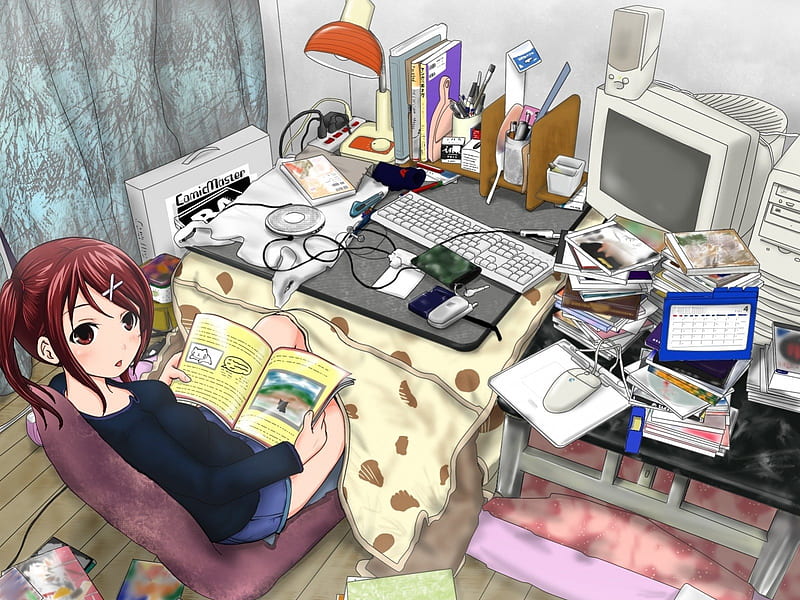 Anime Room, art, coolred hair, lovely, books, computer, chair, anime girl,  room, HD wallpaper | Peakpx