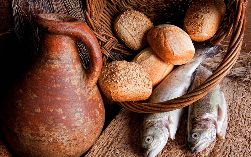 *** Bread and fish ***, fishes, food, two, fish, bread, HD wallpaper