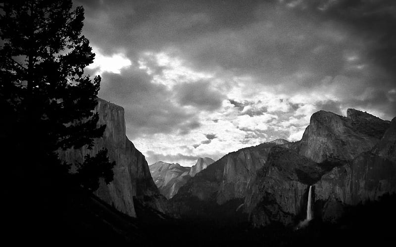 Yosemite Black and White, mountains, waterfall, national, nature, park, clouds, HD wallpaper