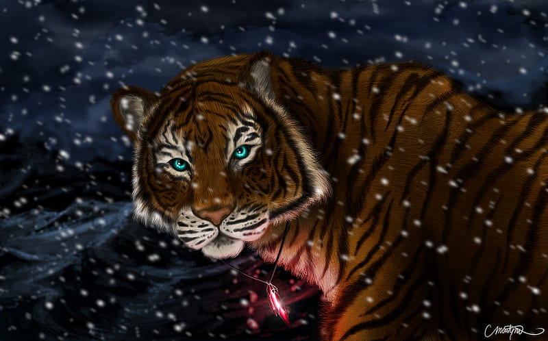 tiger, snow, art, predator, pendant, glance, HD wallpaper