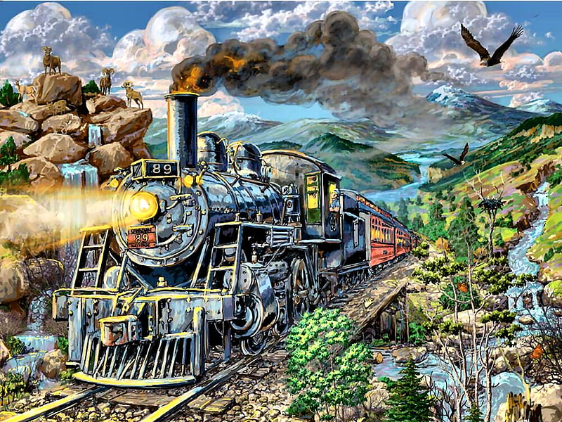 Big Horn Express FC, railroad, art, locomotive, bonito, illustration, artwork, train, engine, painting, wide screen, tracks, HD wallpaper