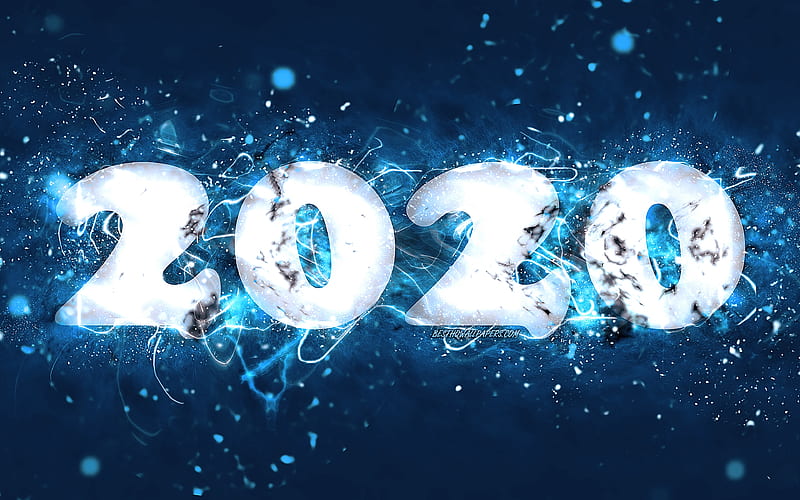 Happy New Year 2020 blue neon lights, abstract art, 2020 concepts, 2020 blue neon digits, blue backgrounds, 2020 neon art, creative, 2020 year digits, HD wallpaper