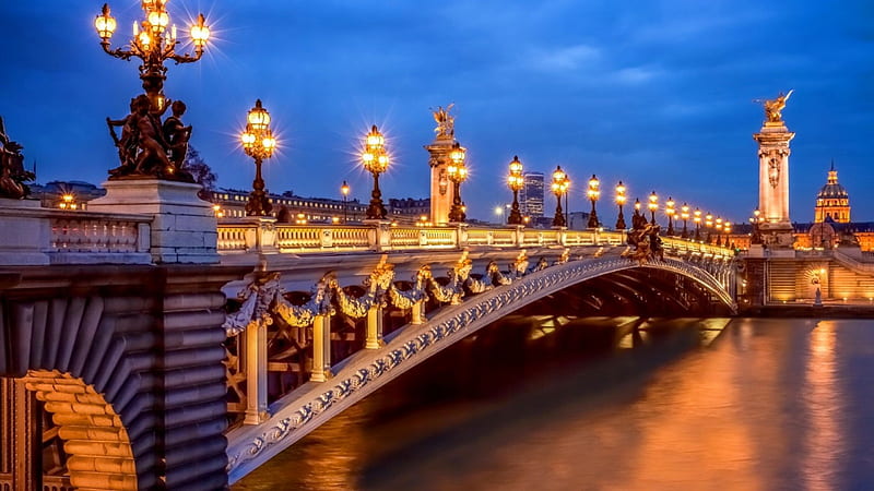 Pont Alexandre III in Paris, lantern, France, bonito, pont, sky, city, Paris, river, evening, reflection, light, night, HD wallpaper