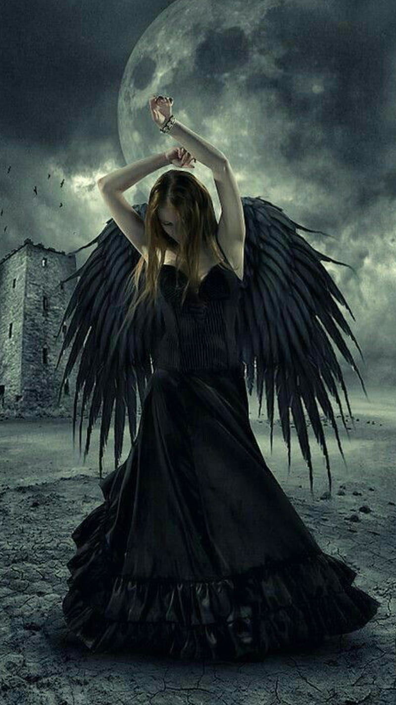 Black Angel, black dress, black wings, cloudy, dark, fantasy, girl, wings, HD phone wallpaper