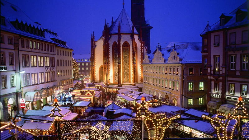 christmas town fair in wuerzburg germany, fair, christmas, square, town, church, lights, night, HD wallpaper