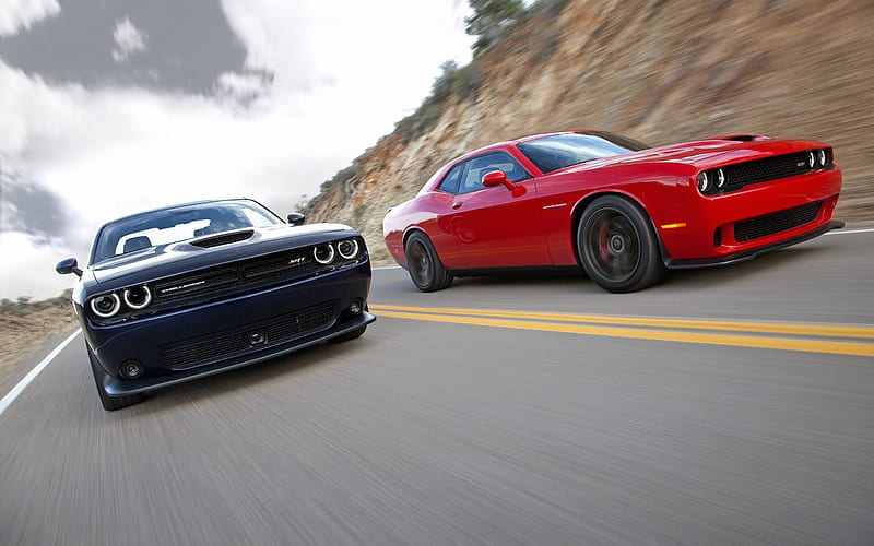 Dodge Challenger SRT, Hellcat, speed, road, black Dodge, red Dodge, HD wallpaper