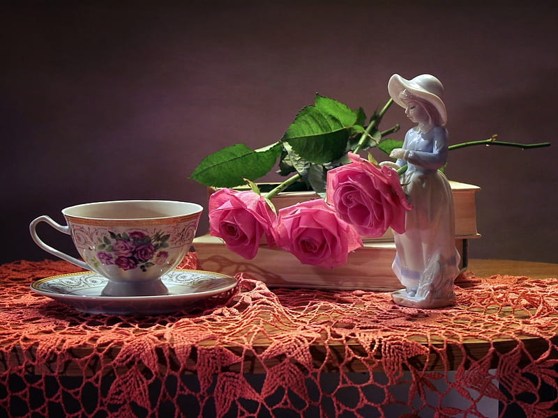 Still Life, statue, girl, cup, roses, napkin, HD wallpaper