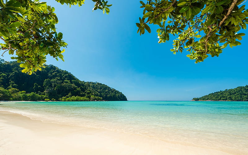tropical island, luxury beach, white sand, summer, relaxation, blue lagoon, ocean, bay, HD wallpaper