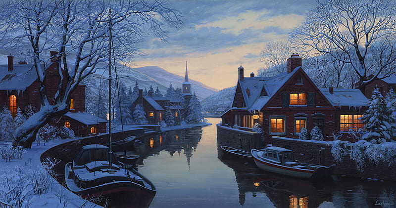 Eugeny Lushpin - An old inn by the river, lushpin, eugene lushpin, houses, twilight, trees, lights, winter, boats, snow, painting, river, chapel, eugeny lushpin, HD wallpaper