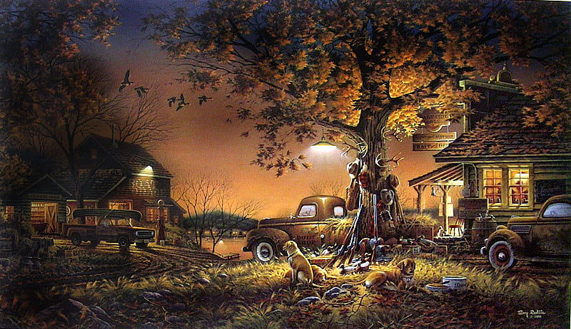 Terry Redlin. Twilight Time, art, tree, car, painting, terry redlin, dog, night, HD wallpaper