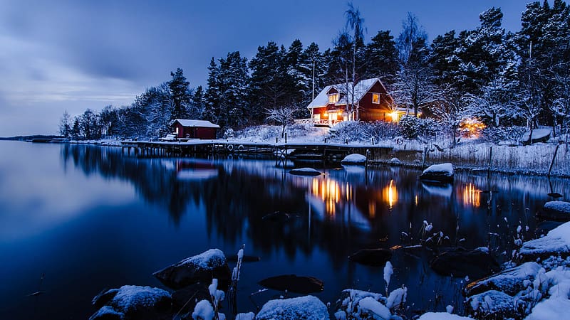 Winter Evening Near Stockholm, Sweden, snow, lights, landscape, clouds, trees, sky, water, houses, HD wallpaper