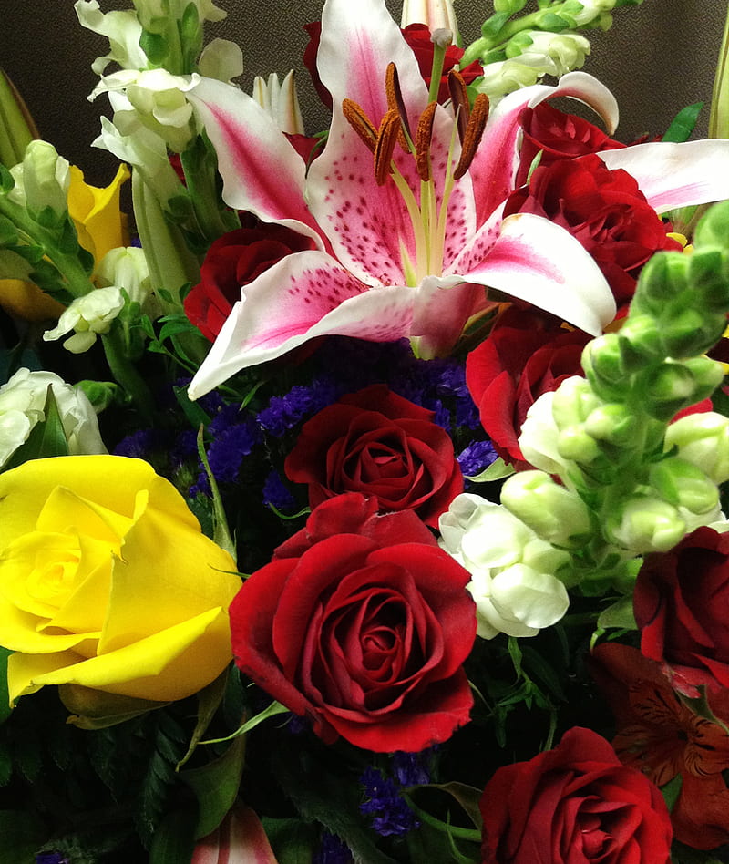 Bouquet, bushel, flower, flowers, lily, lovely, romance, rose, v-day, valentines, HD phone wallpaper