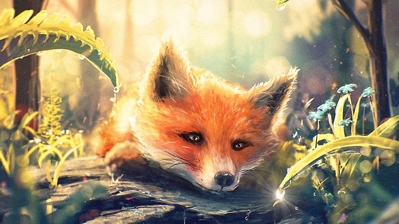 Fox in the spring morning dew, wild, painting, wildlife, spring, red fox, animals, art, dew, cute, fox, HD wallpaper