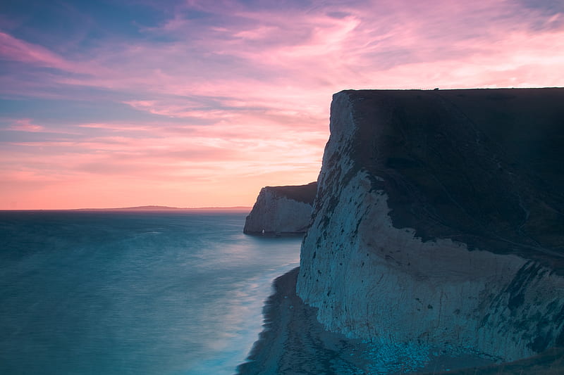 Cliff Long Exposure , long-exposure, cliff, sunset, sea, ocean, pink, nature, HD wallpaper