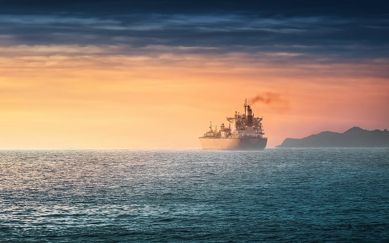 Antwerpen, sea, skyline, dry-cargo ship, bulk-carrier, sunset, HD wallpaper