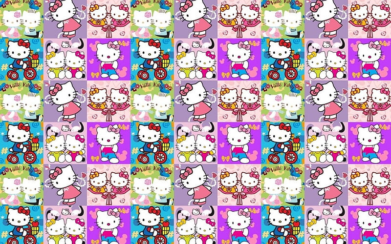 Texture, pattern, hello kitty, collage, paper, cat, pink, blue, HD wallpaper