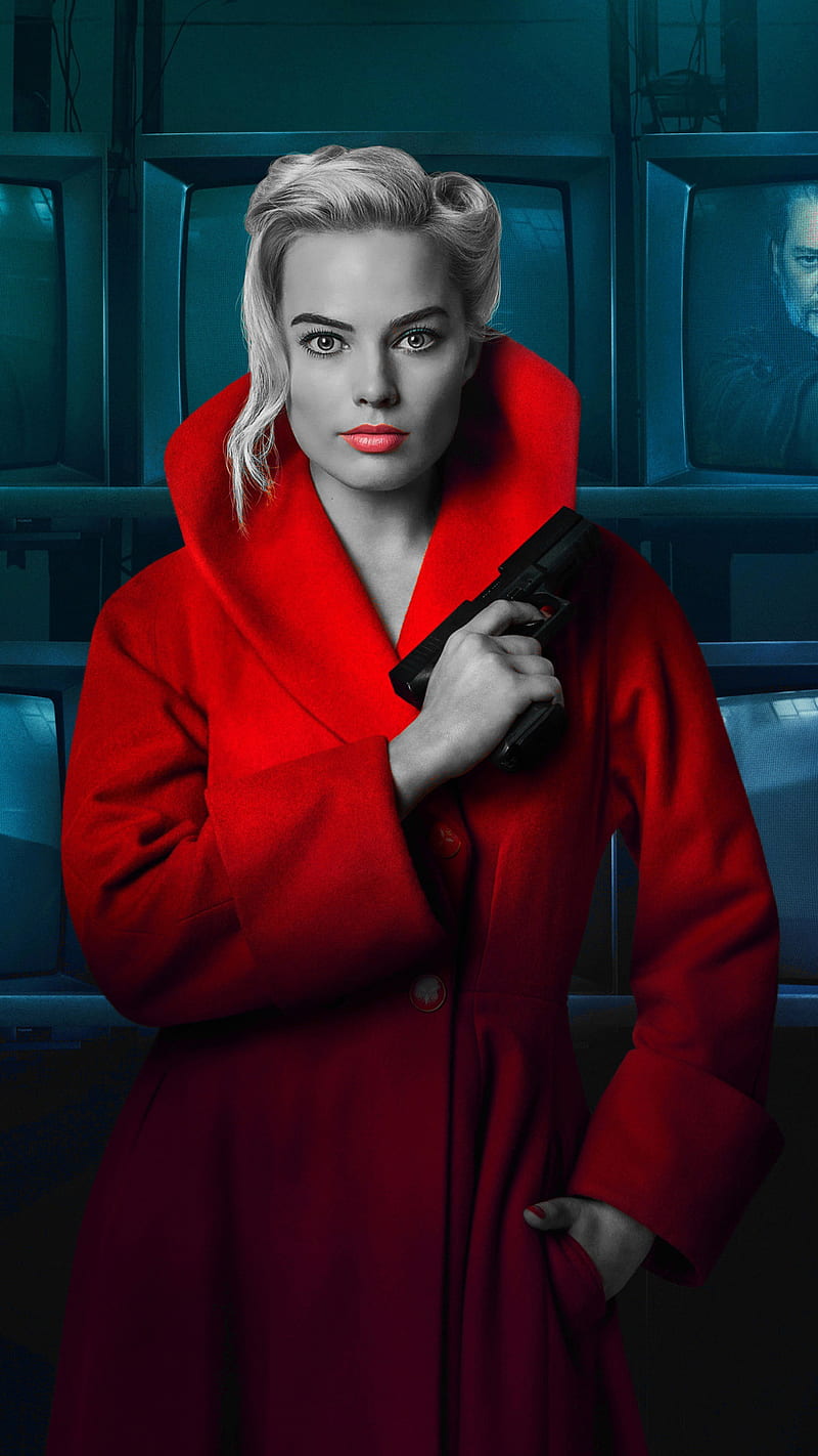 Margot Robbie, actress, beauty, blonde, bw, film, gun, movie, red coak, red lips, tv, HD phone wallpaper