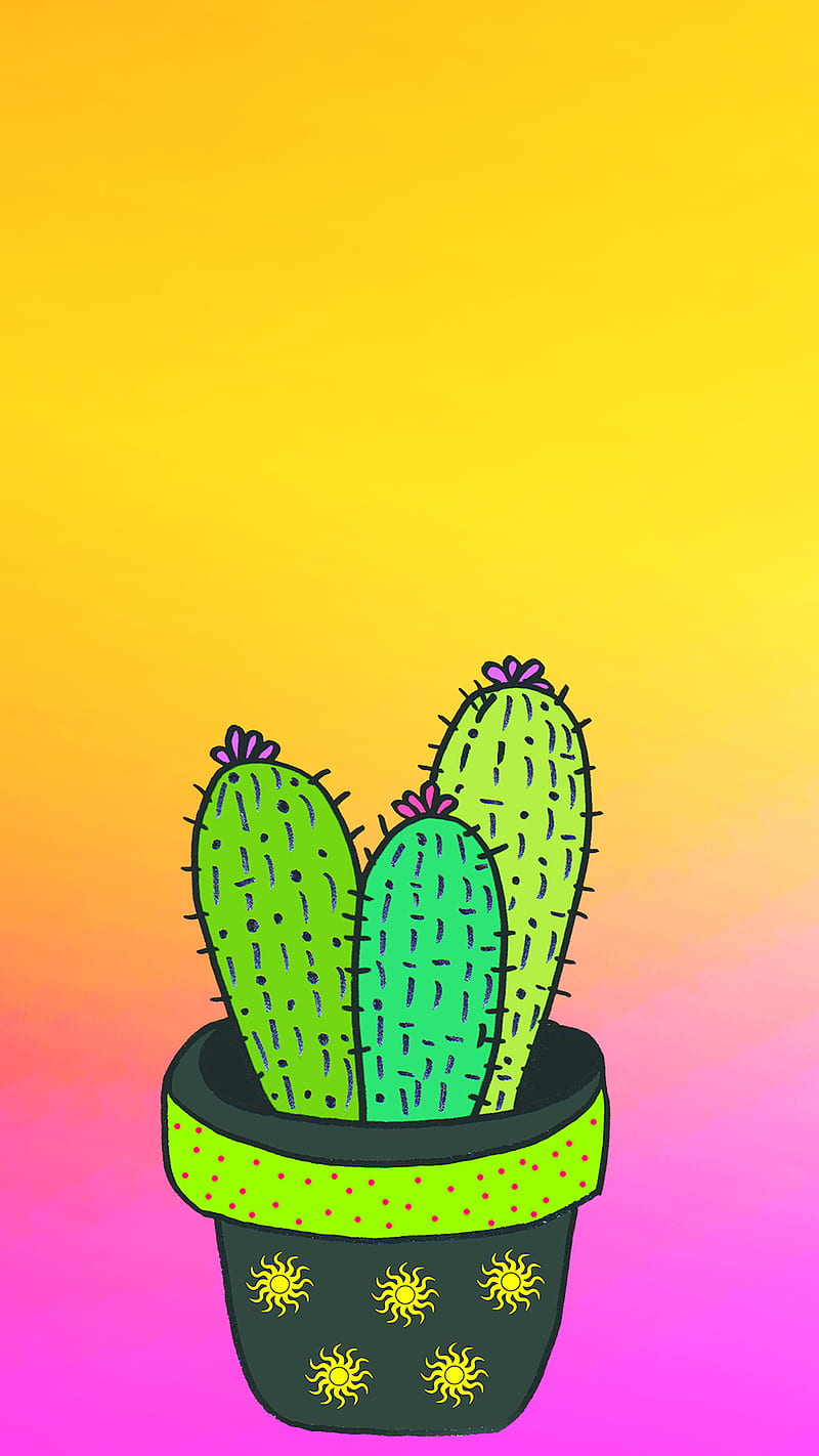 big cactus, blue, cactuses, desert, drawing, green, nature, plant, tropical, yellow, HD phone wallpaper