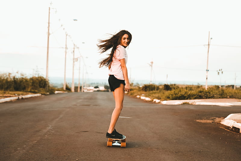 Woman Riding Skateboard At The Road , skateboard, girls, graphy, HD wallpaper