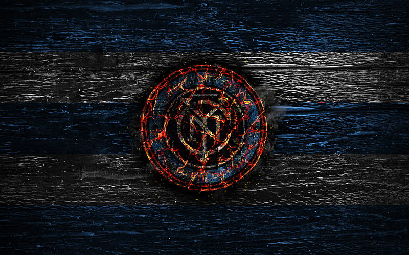 New York City FC, fire logo, MLS, blue and white lines, american football club, grunge, football, soccer, logo, NYCFC, Eastern Conference, NY City FC, wooden texture, USA, HD wallpaper