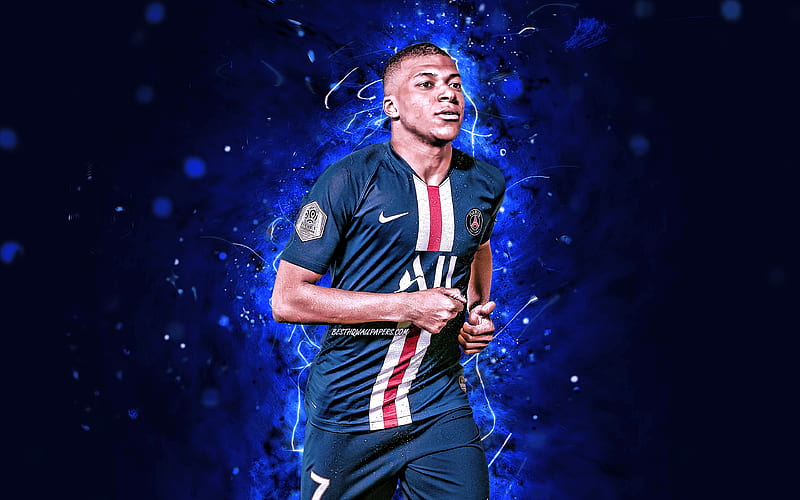 Kylian Mbappe season 2019-2020, french footballers, forward, PSG, neon lights, Mbappe, soccer, Ligue 1, football, Paris Saint-Germain, HD wallpaper