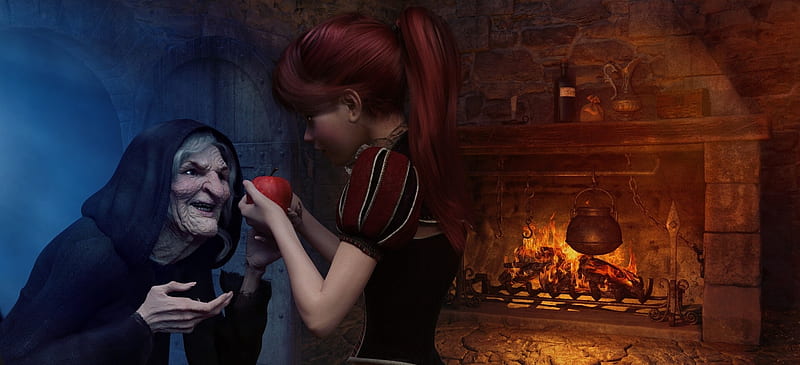 The red apple, sirtancrede, girl, sir tancrede, snow white, old woman, witch, apple, fruit, fantasy, dark, HD wallpaper