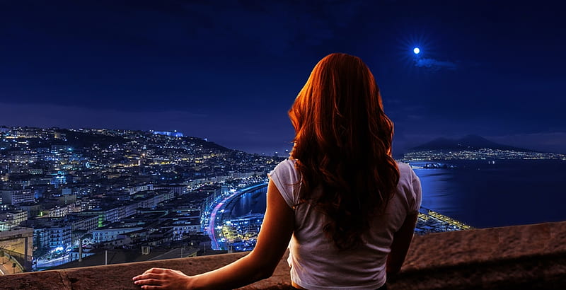 Naples by Night, moon, Italy, Girl, Vesuvius, red hair, Naples, panorama, landscape, Napoli, HD wallpaper
