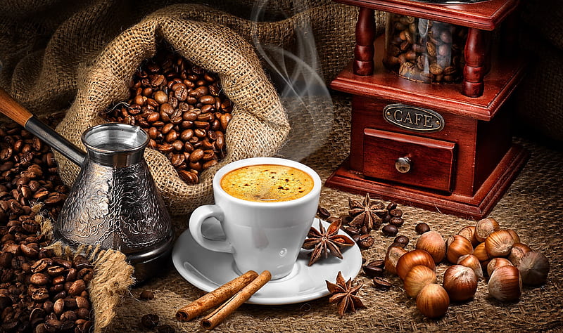 Coffee, pretty, beans, cinnamon, coffee maker, cup, morning, HD wallpaper