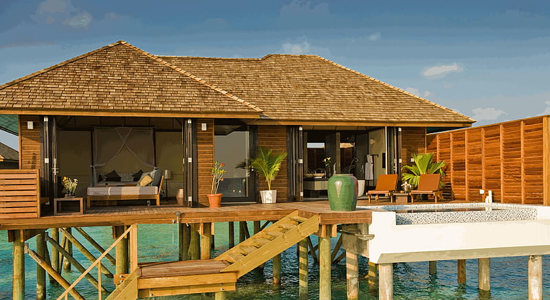 Resort, house, ocean, interior, desenho, bedroom, bed, sea, maldives, modern, bathroom, summer, flowers, room, HD wallpaper