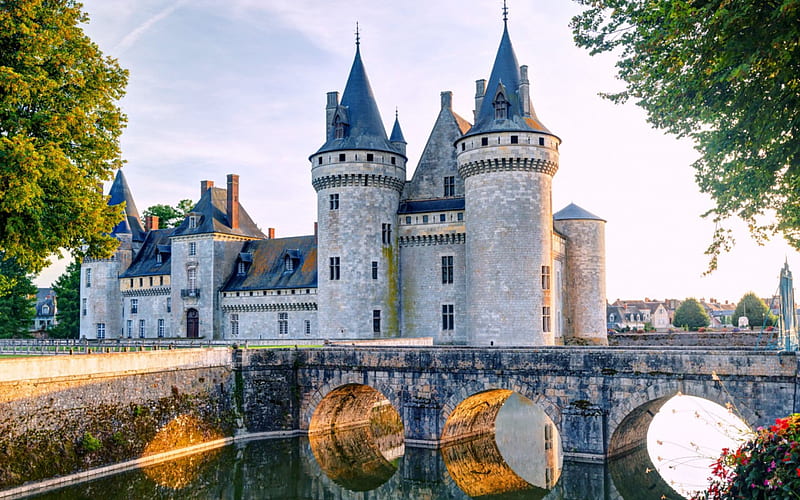 Sully Sur Loire Castle, France, Reflection, Landscape, Castle, Bridge, HD wallpaper