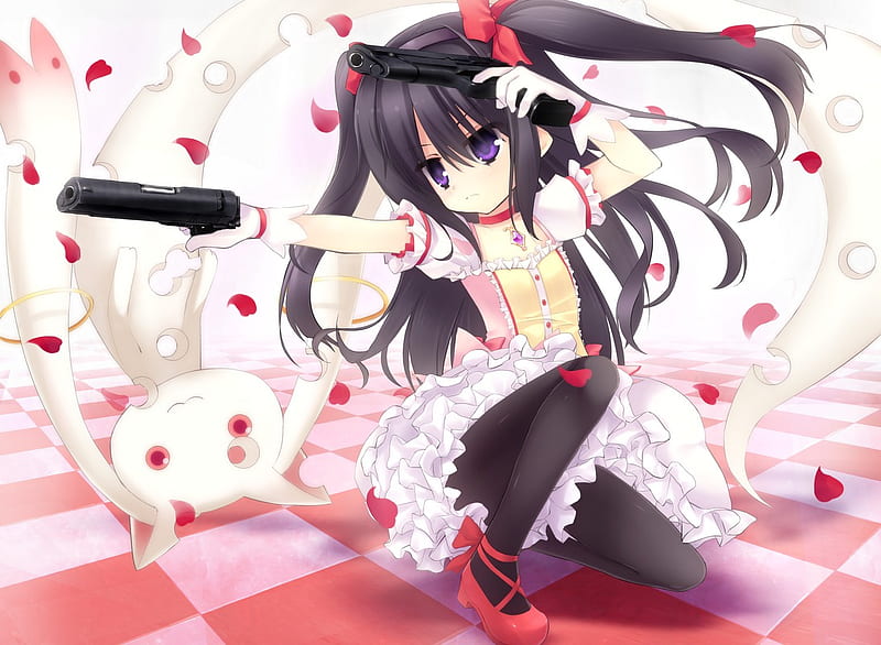akime, unjou takehiro weapon, dress gun, purple eyes, shoujo madoka, magica petals, kyuubee mahou, akemi homura, HD wallpaper akime, unjou takehiro weapon, dress gun, purple eyes, shoujo madoka, magica petals, kyuubee mahou, akemi homura, HD wallpaper