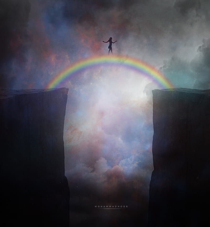 silhouette, cliff, rainbow, bridge, art, HD phone wallpaper
